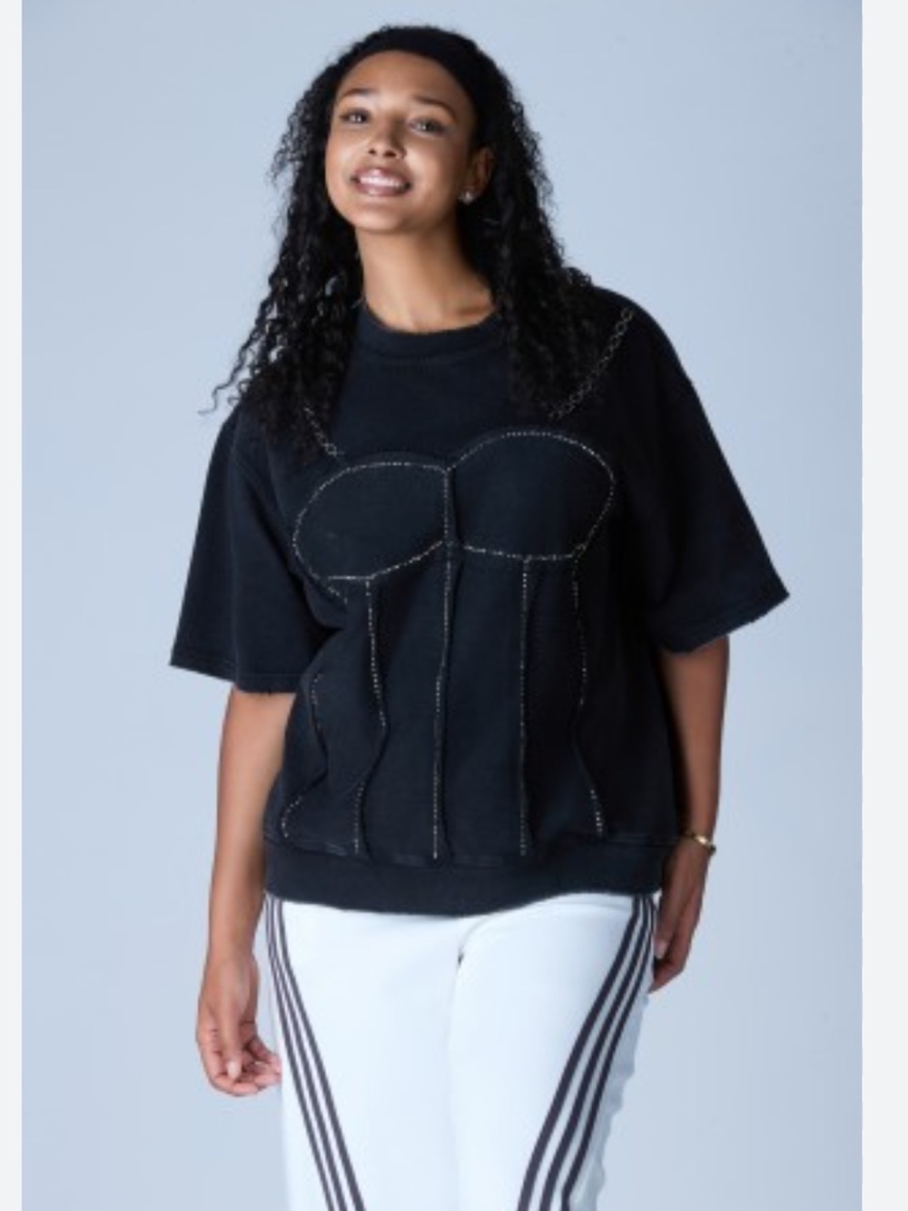 FLOOO Rhinestone Corset T-Shirt Black Distressed Trompe L’œil Tee Oversized L